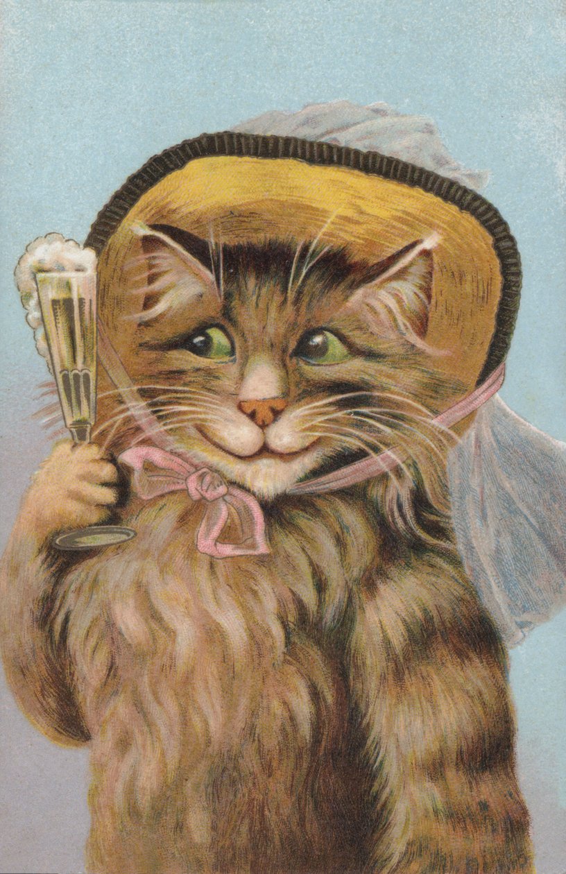 Katt med hatt och ett glas champagne i handen (chromolitho) av European School