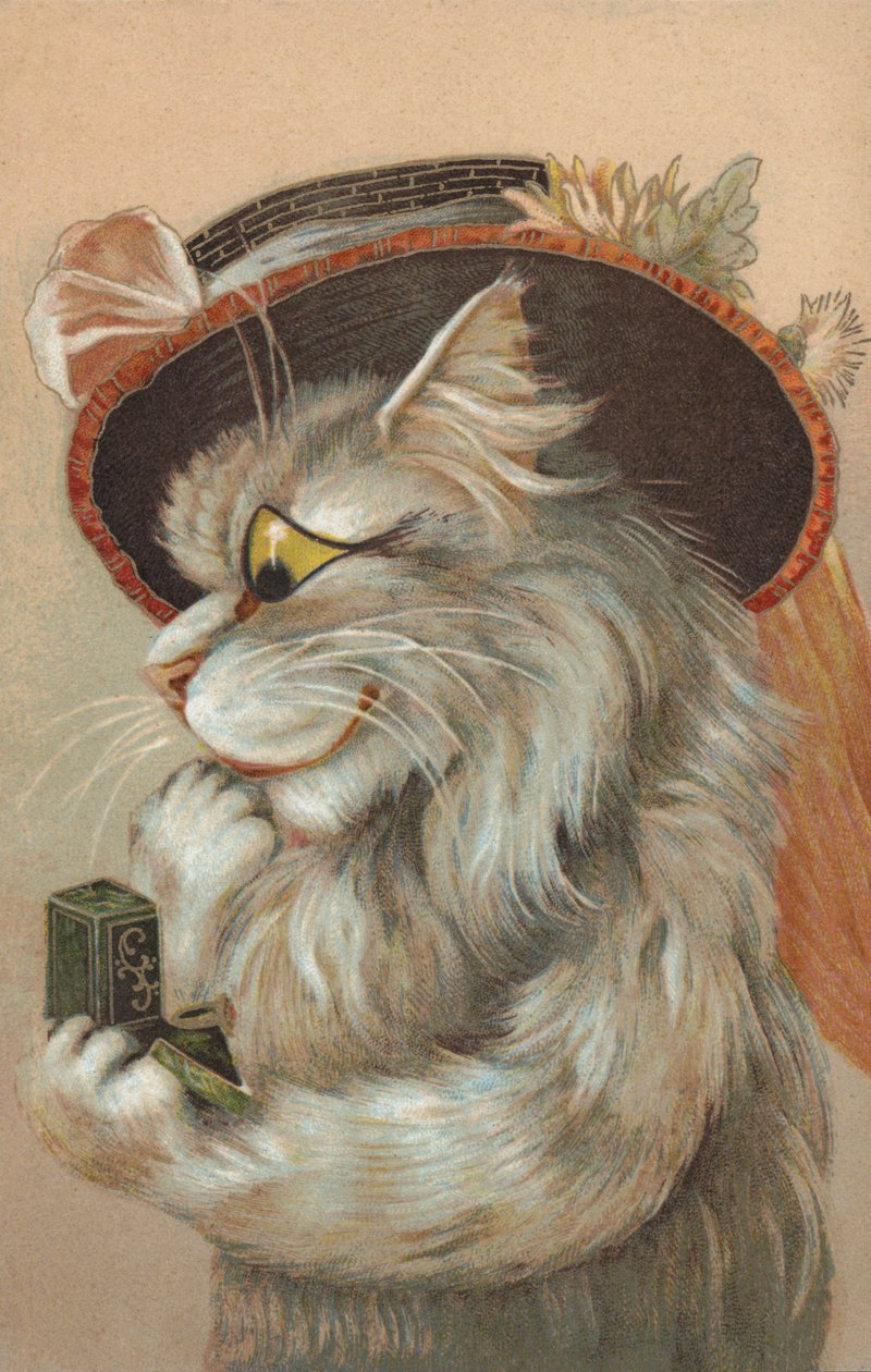 Katt som bär hatt och tittar på en ring (kromolitho) av European School