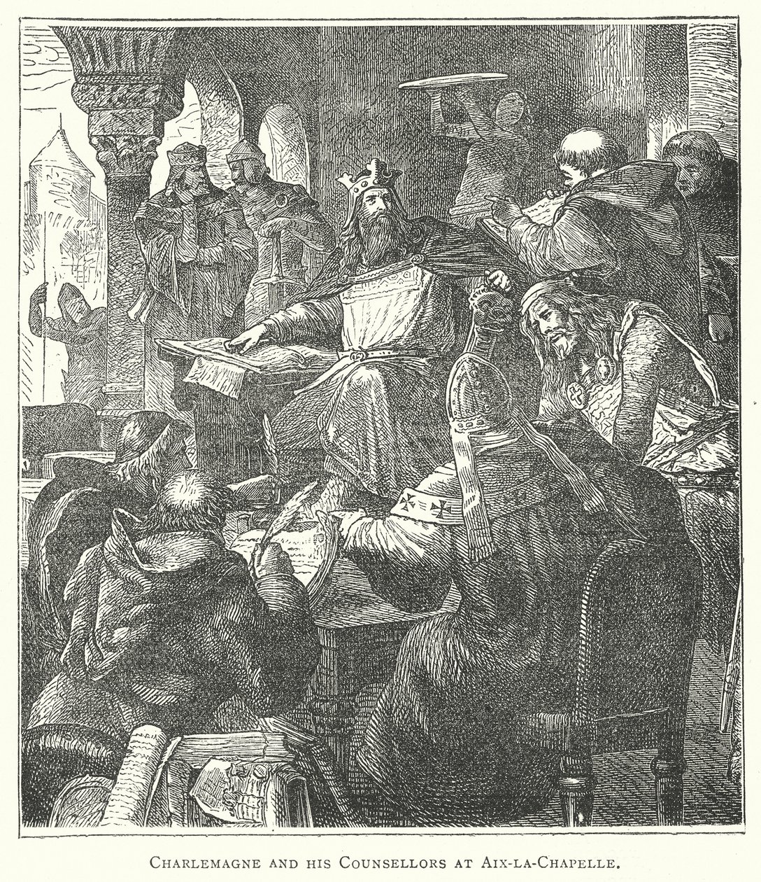 Karl den store och hans rådgivare i Aix-la-Chapelle (gravyr) av European School
