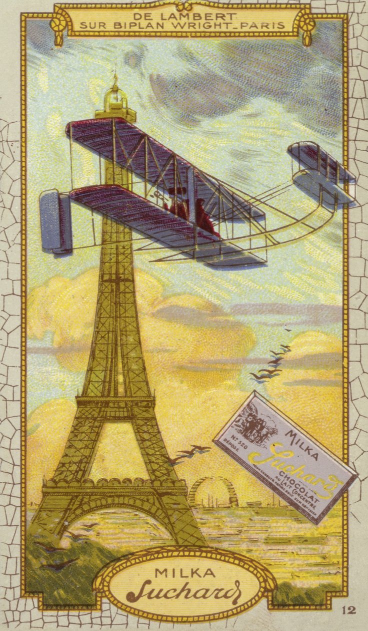 Charles de Lambert i ett biplan av märket Wright, Paris (chromolitho) av European School