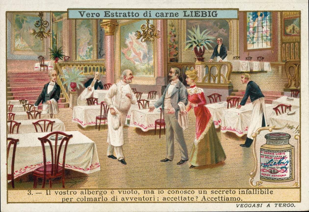 Kock som lovar att vända lyckan för ett tomt hotell (chromolitho) av European School
