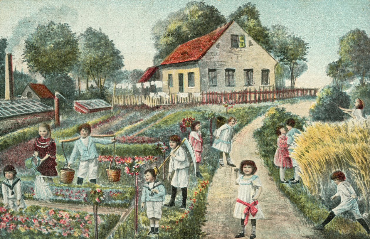 Barn i en trädgård eller på en kolonilott (färglitografi) av European School