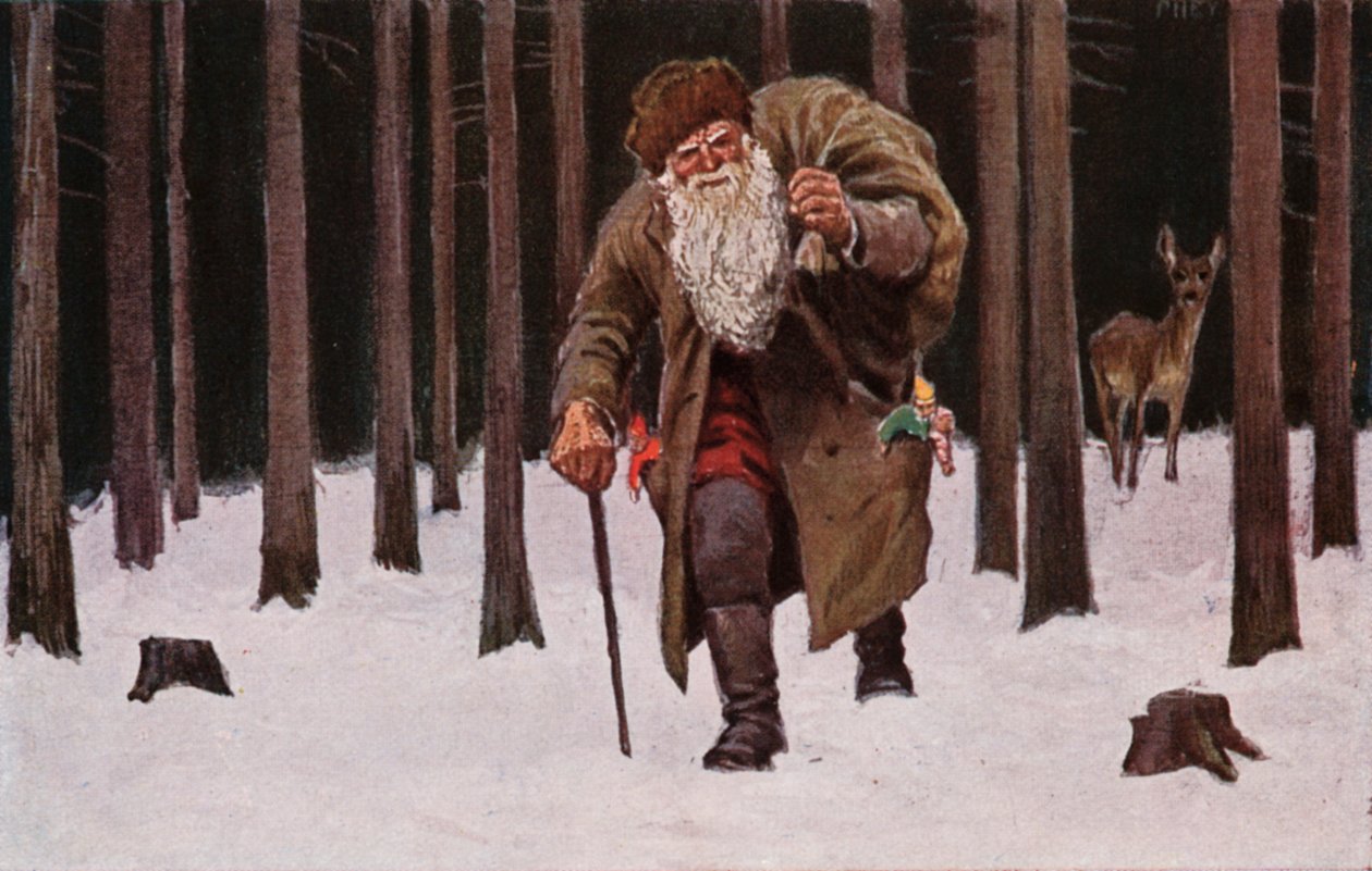 Julkort, jultomten traskar genom snön med julklappssäck, rådjur i bakgrunden (färglitografi) av European School