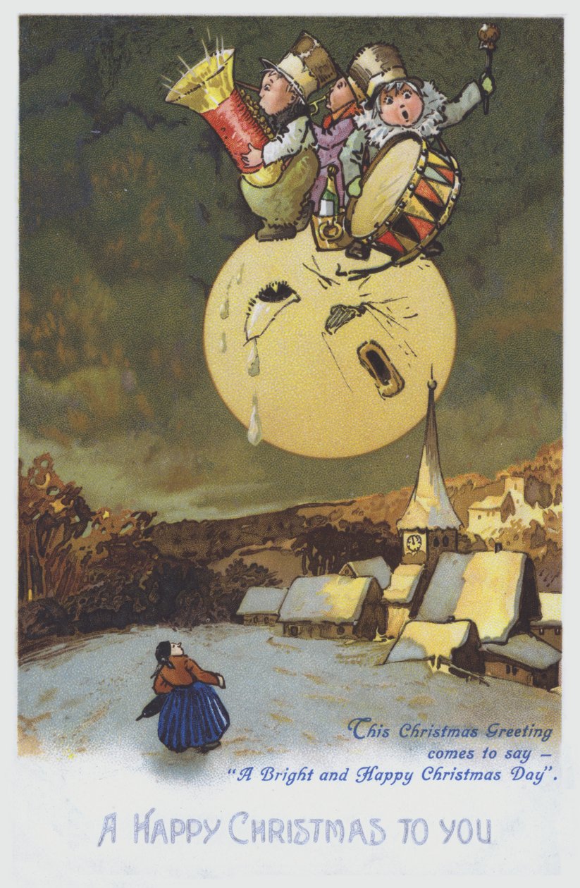 Julkort föreställande ett band av musiker på månen ovanför en snöig stad. (chromolitho) av European School