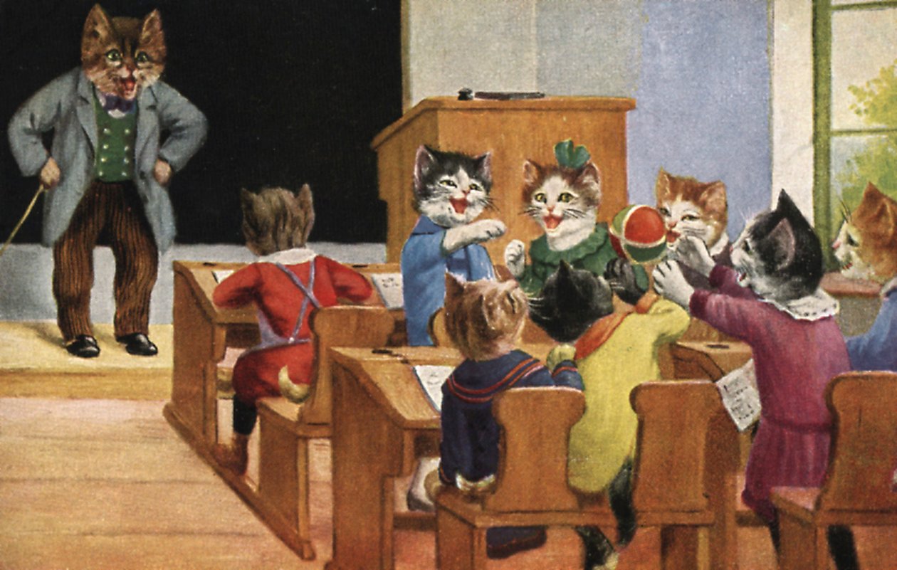 Klassrum med katter (färglitografi) av European School