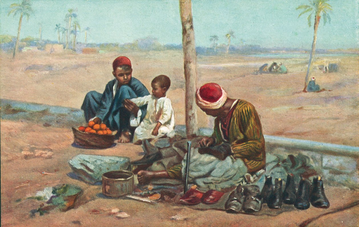 Skomakare och barn, Egypten (färglitografi) av European School
