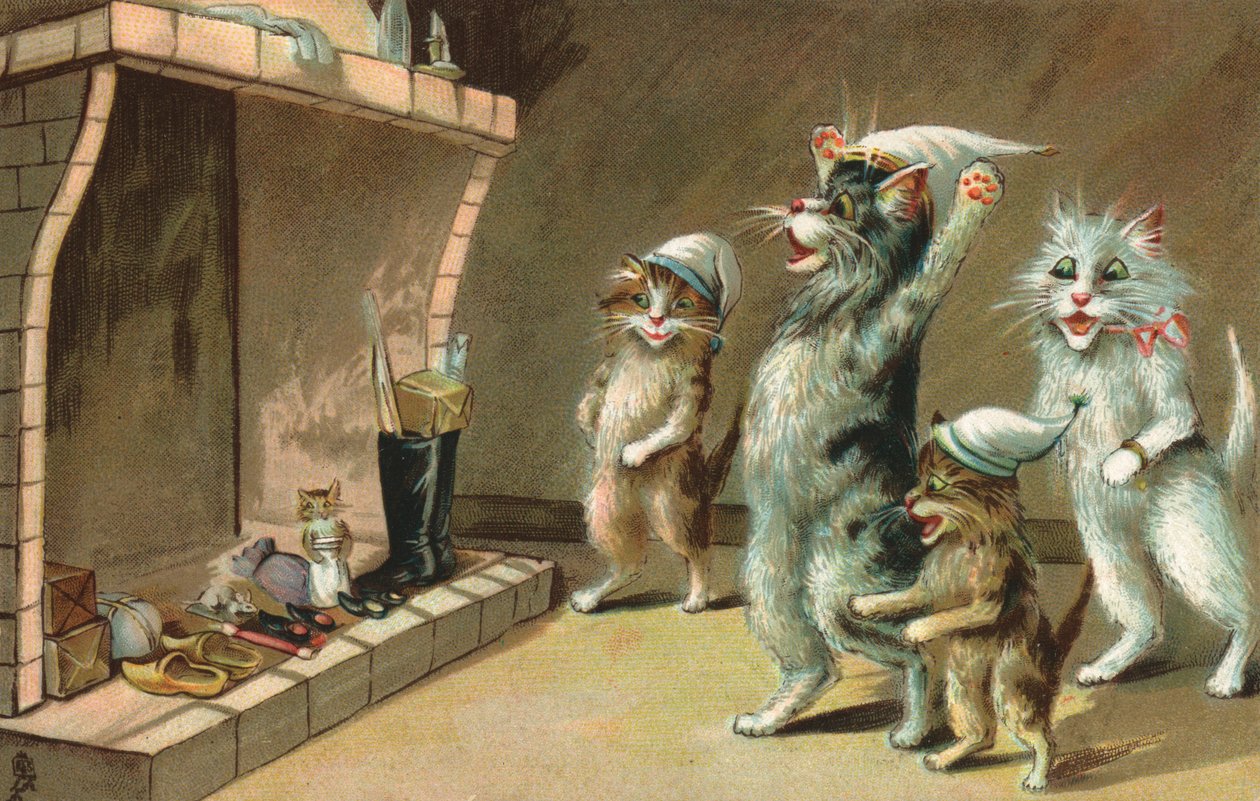 Serietidning med katter som väntar på sina julklappar (färglitografi) av European School