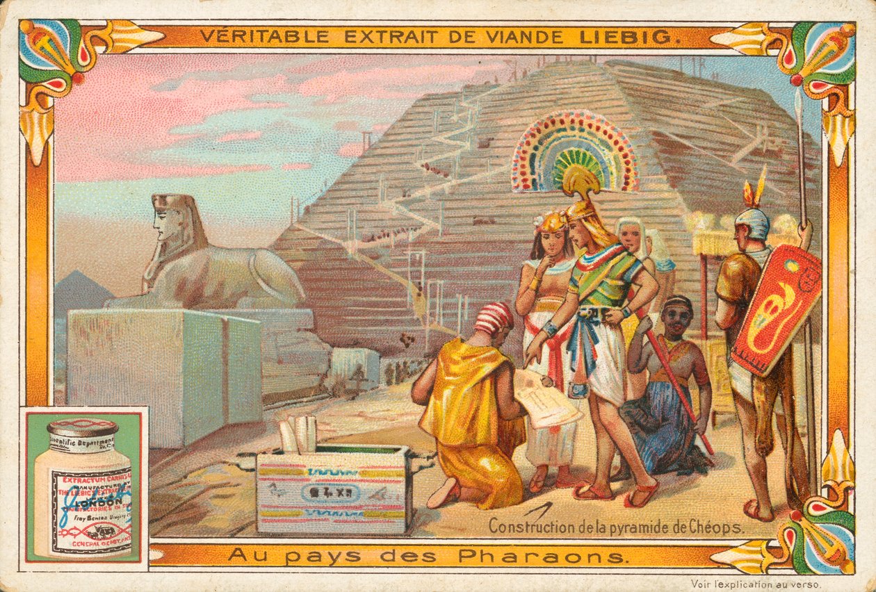 Byggandet av Cheops pyramid, Liebig-kort, början av 1900-talet (chromo) av European School