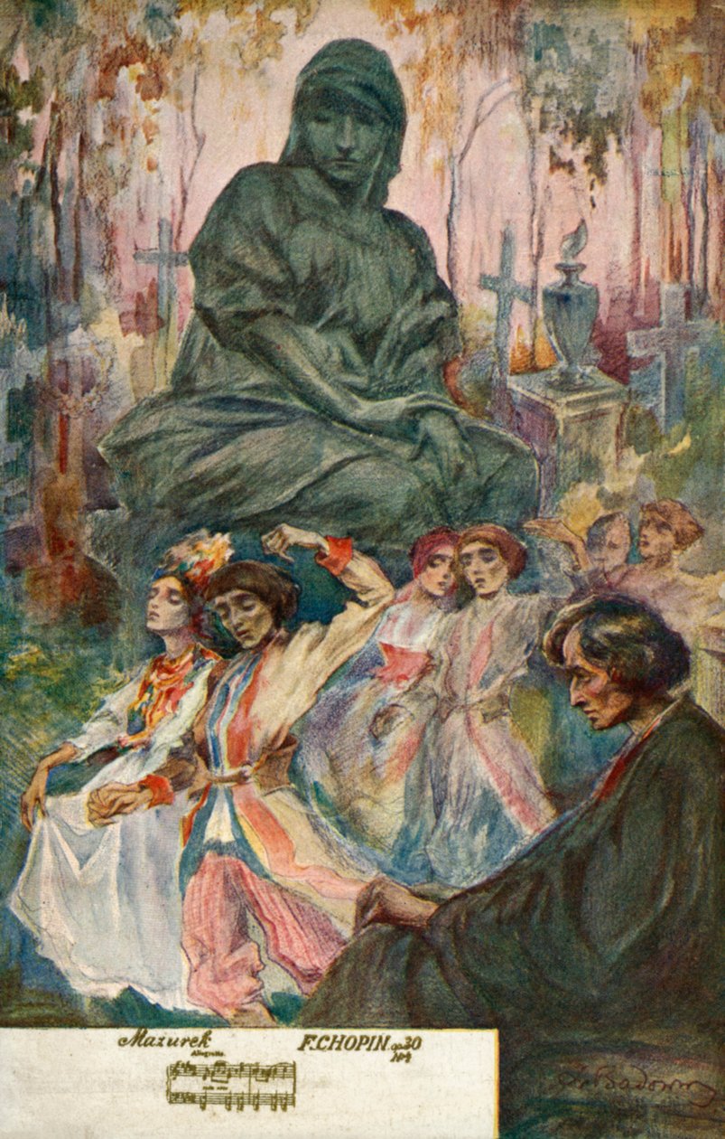 Dansar till en Mazurka komponerad av Frederic Chopin (färglitografi) av European School