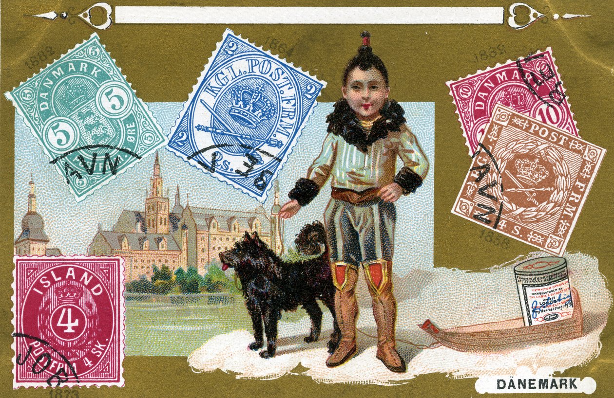 Danska och isländska frimärken med ett inuitbarn och hans hund, 1897 av European School