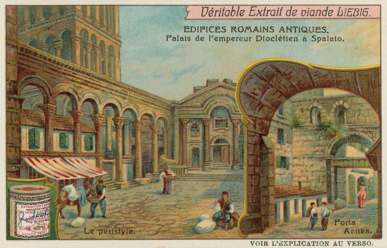 Diocletianus palats i Split i Kroatien med detalj av kolonnaden och södra havsporten (chromolitho) av European School