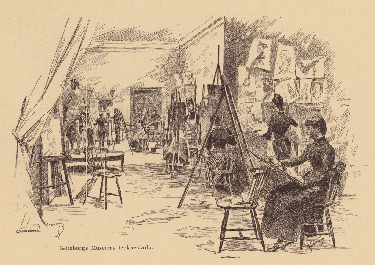 Teckningskurs på Göteborgs Museum, Sverige (gravyr) av European School