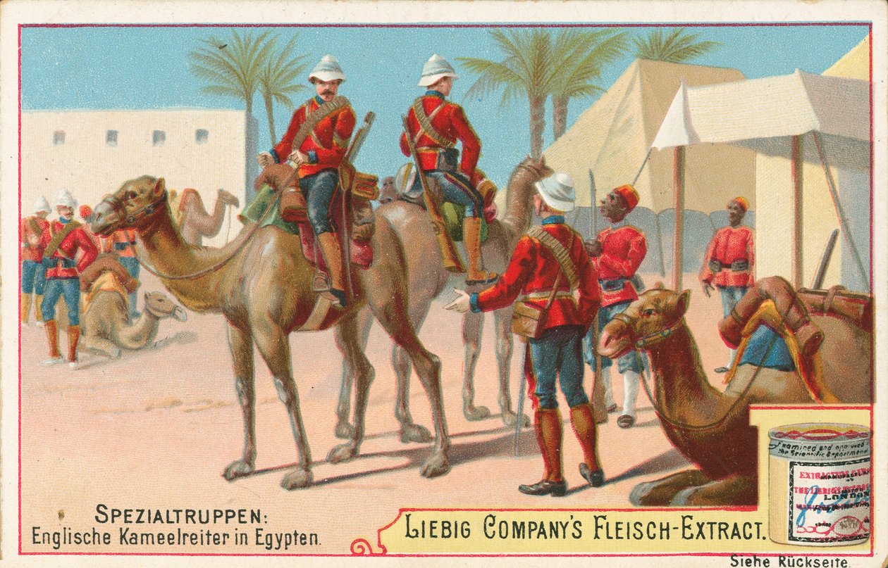 Engelska soldater på kameler, Liebig-kort, tidigt 1900-tal (chromo) av European School