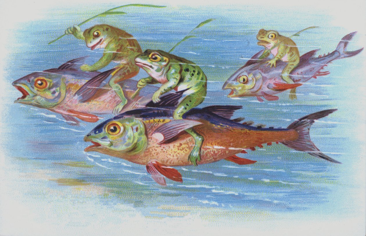Grodor som rider på fiskar (chromolitho) av European School