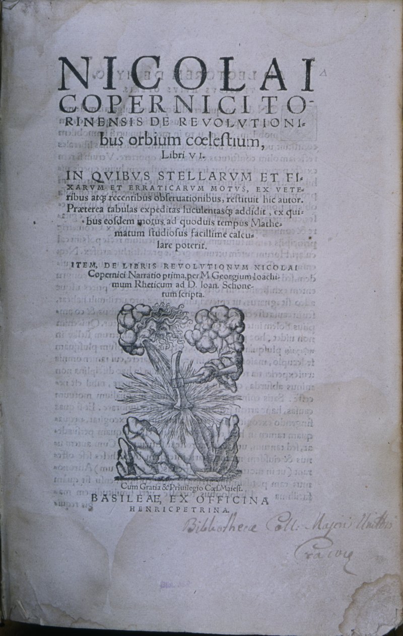 Frontispice från andra upplagan av De Revolutionibus Orbium Coelestium av Nicholaus Copernicus (tryckt bok) av European School