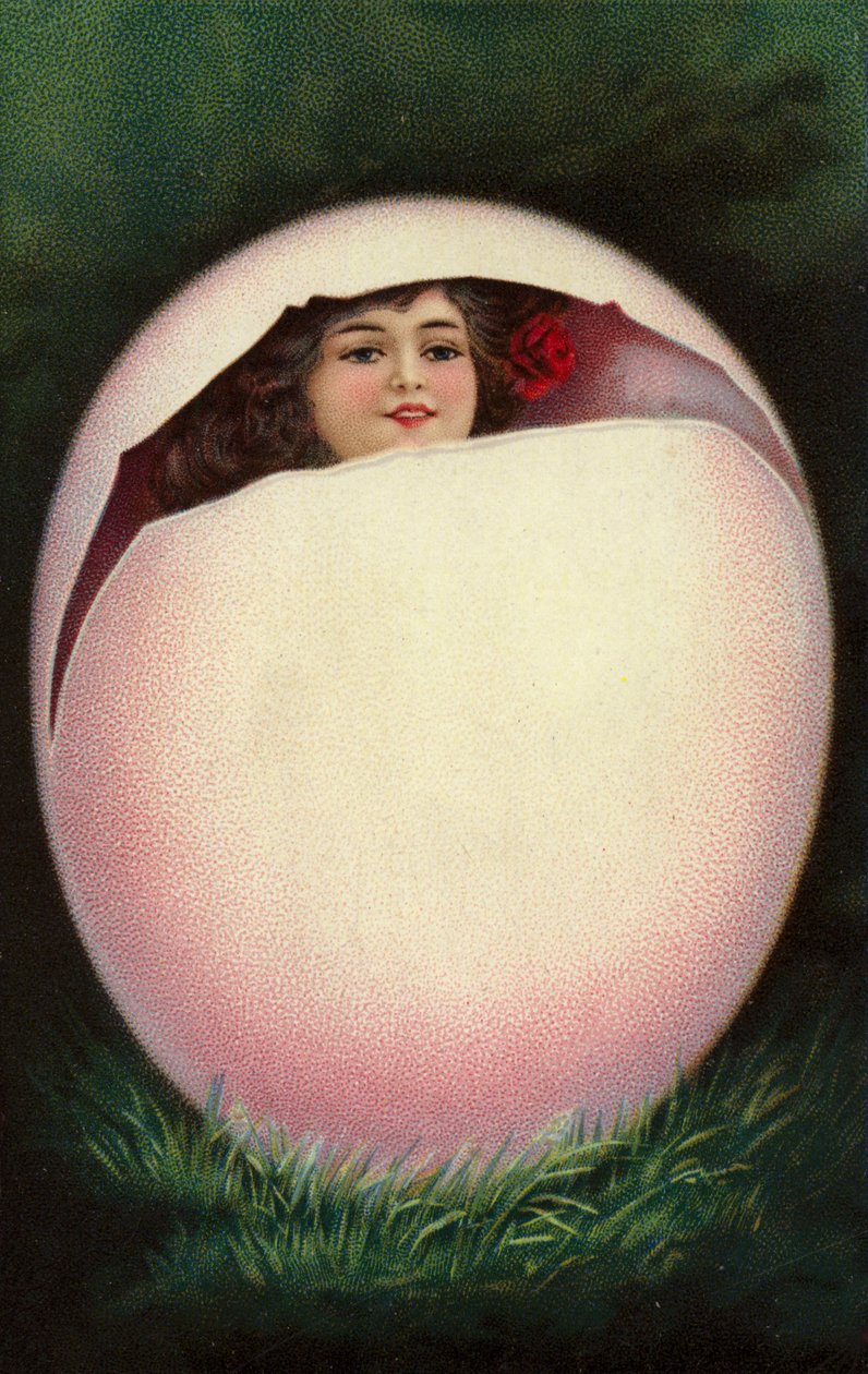 Flicka kläcks ur påskägg (chromolitho) av European School