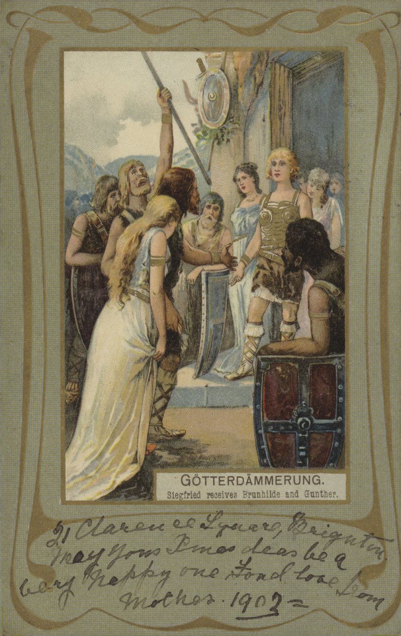 Gotterdammerung, Siegfried tar emot Brunhilde och Gunther (färglitografi) av European School