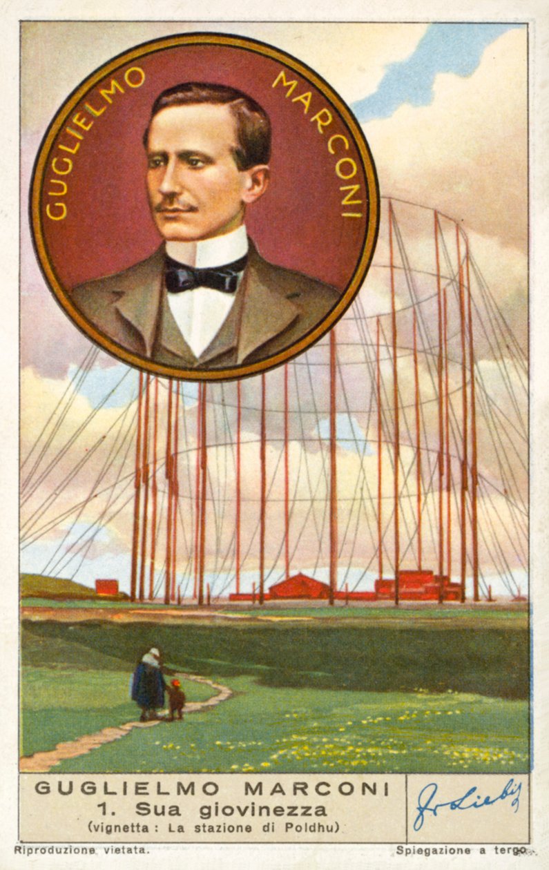 Guglielmo Marconi, italiensk uppfinnare och radiopionjär, och hans radiostation i Poldhu, Cornwall (chromolitho) av European School