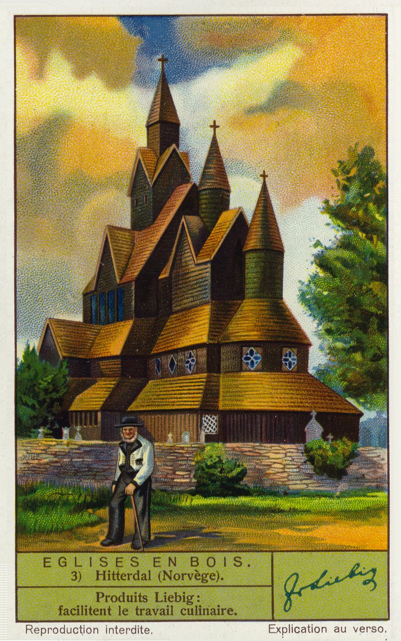 Heddal stavkyrka, Norge (chromolitho) av European School
