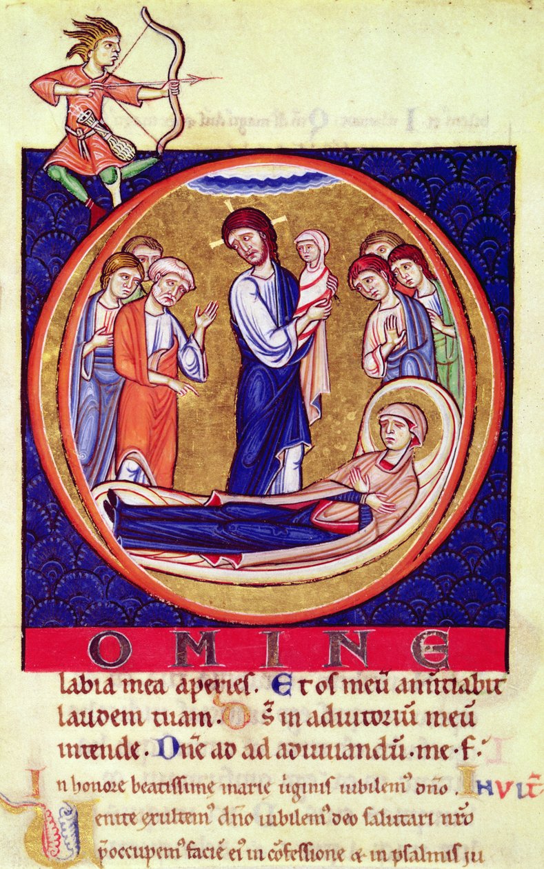 Historikerad initial som visar Jungfruns död, från ett okänt manuskript, 1100-1200-talet av European School