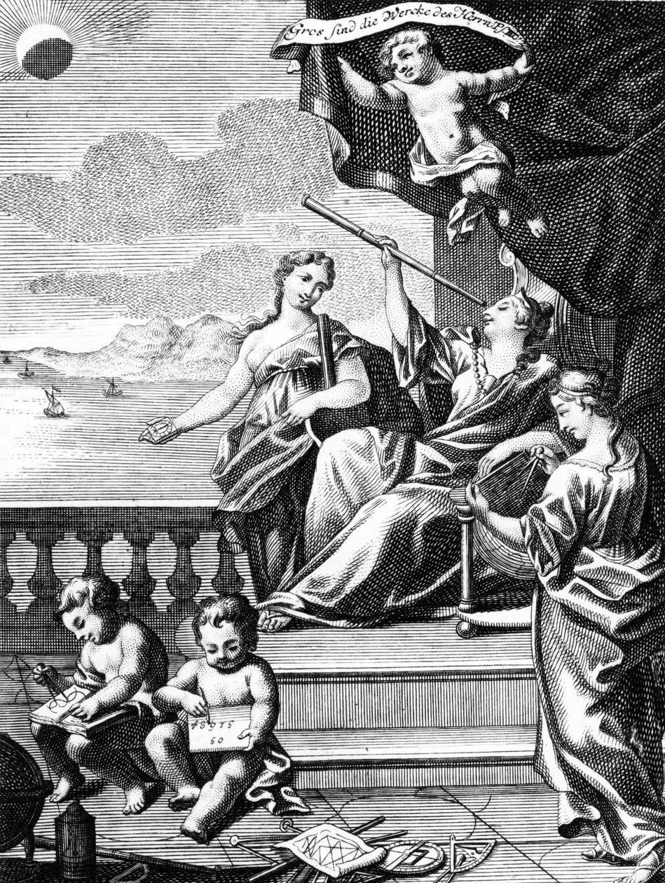 Illustration av astronomi, c.1771 av European School