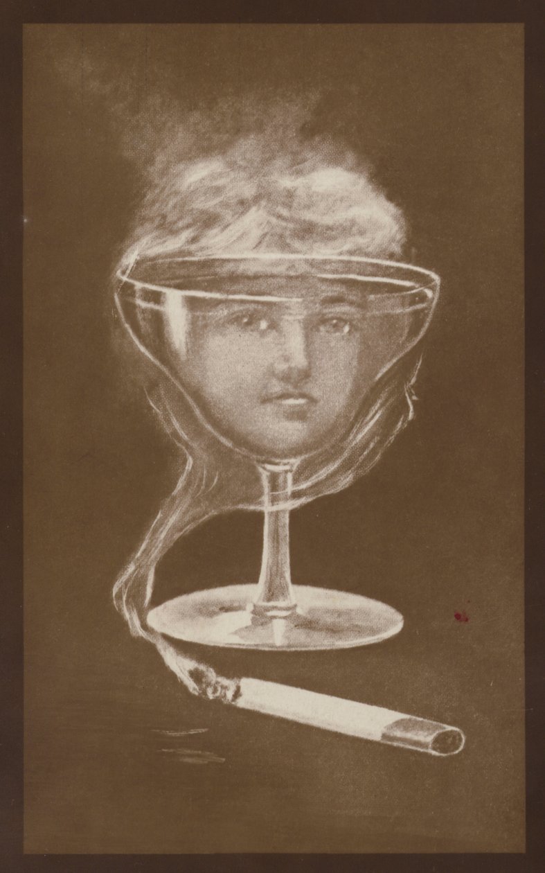 Bild av en kvinnas ansikte, skapad av ett vinglas och cigarettrök, ca 1917 (litografi) av European School