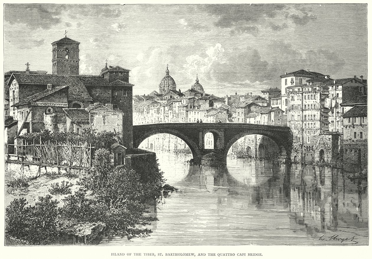 Tiberns ö, Sankt Bartolomeus och bron Quattro Capi (gravyr) av European School