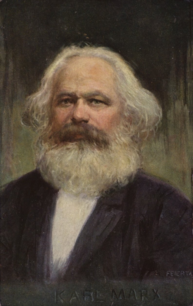 Karl Marx (1818-1883), tysk filosof, ekonom, historiker och politisk teoretiker (färglitografi) av European School