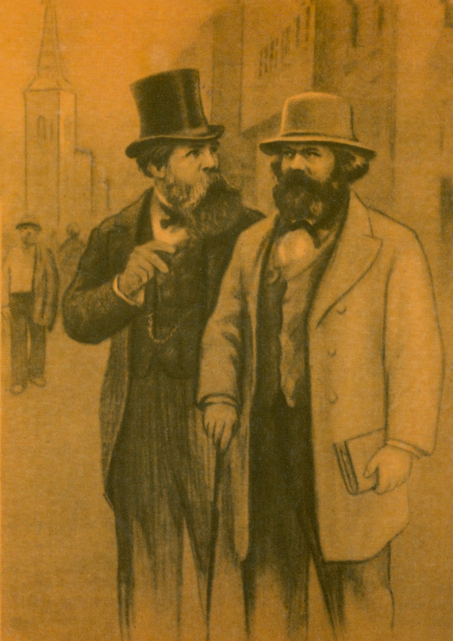 Karl Marx och Friedrich Engels, tyska kommunistiska filosofer och ekonomer (färglitografi) av European School