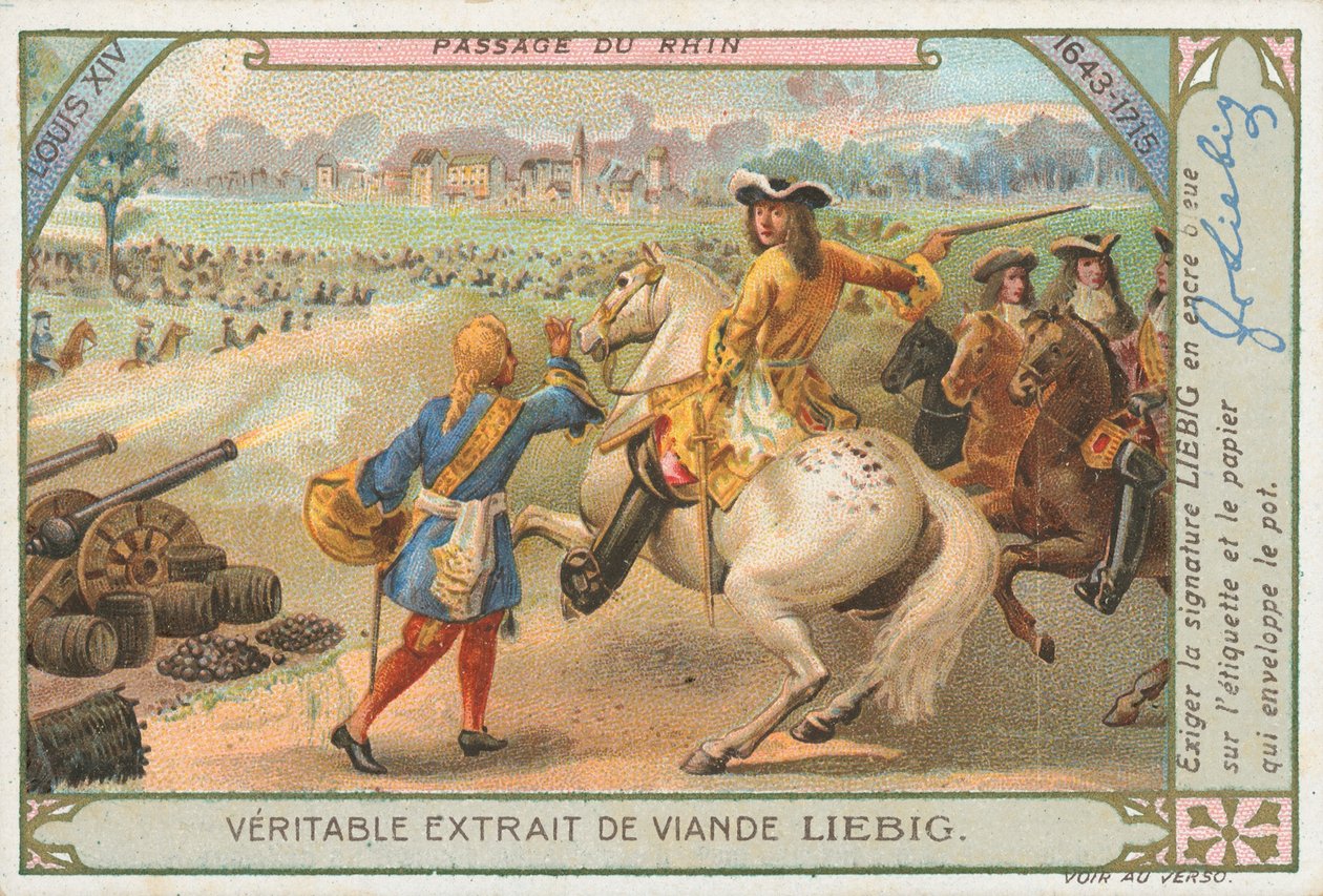 Ludvig XIV korsar Rhen, Liebig-kort, början av 1900-talet (chromo) av European School