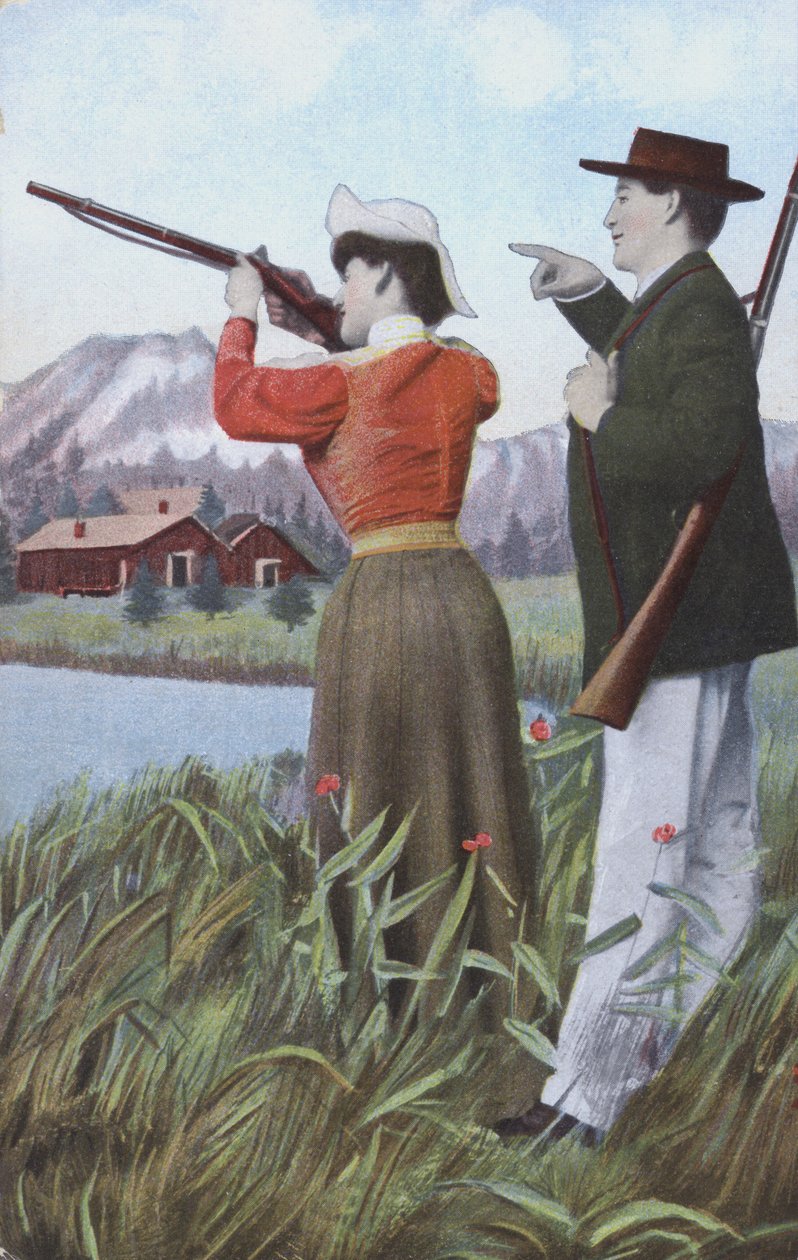 Man och kvinna fotograferar (färglitografi) av European School