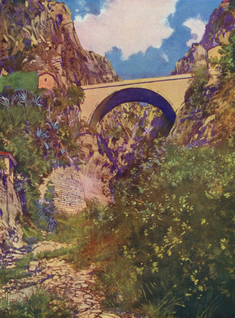 Menton, Le Pont St-Louis (färglitografi) av European School