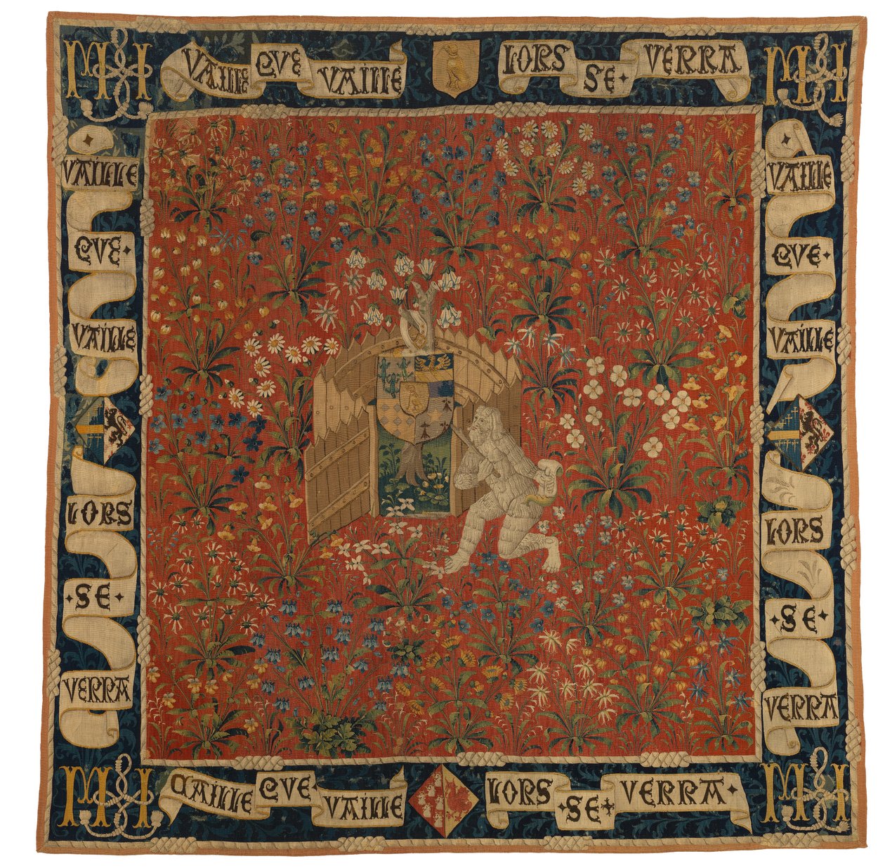 Mille fleurs gobeläng föreställande grönska, vapensköld och en vild man, ca 1500 (ull) av European School