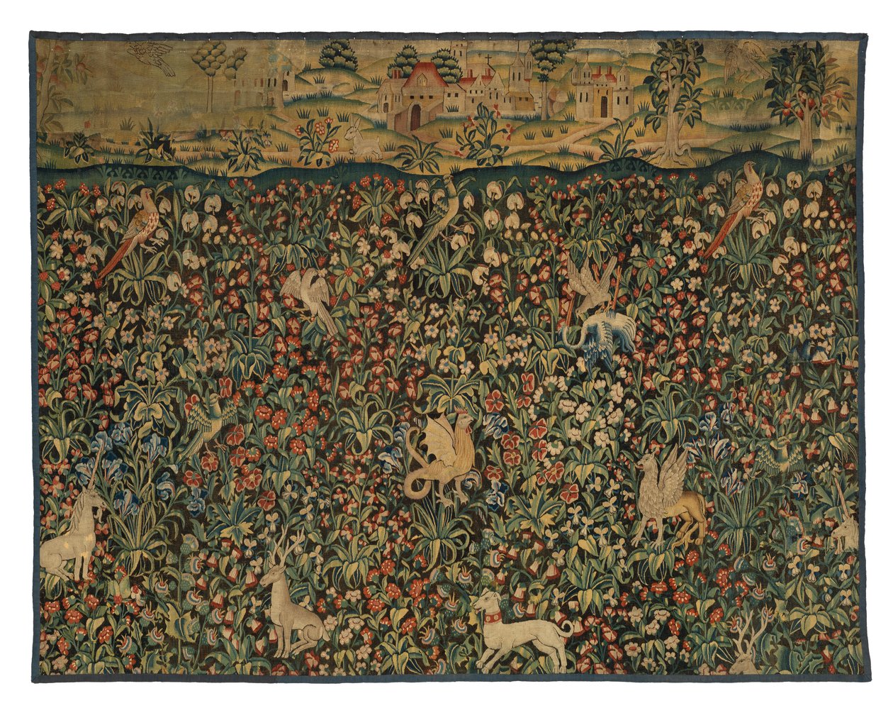 Mille fleurs gobelängfragment föreställande djur, fåglar och landskap, ca 1500 (ull) av European School