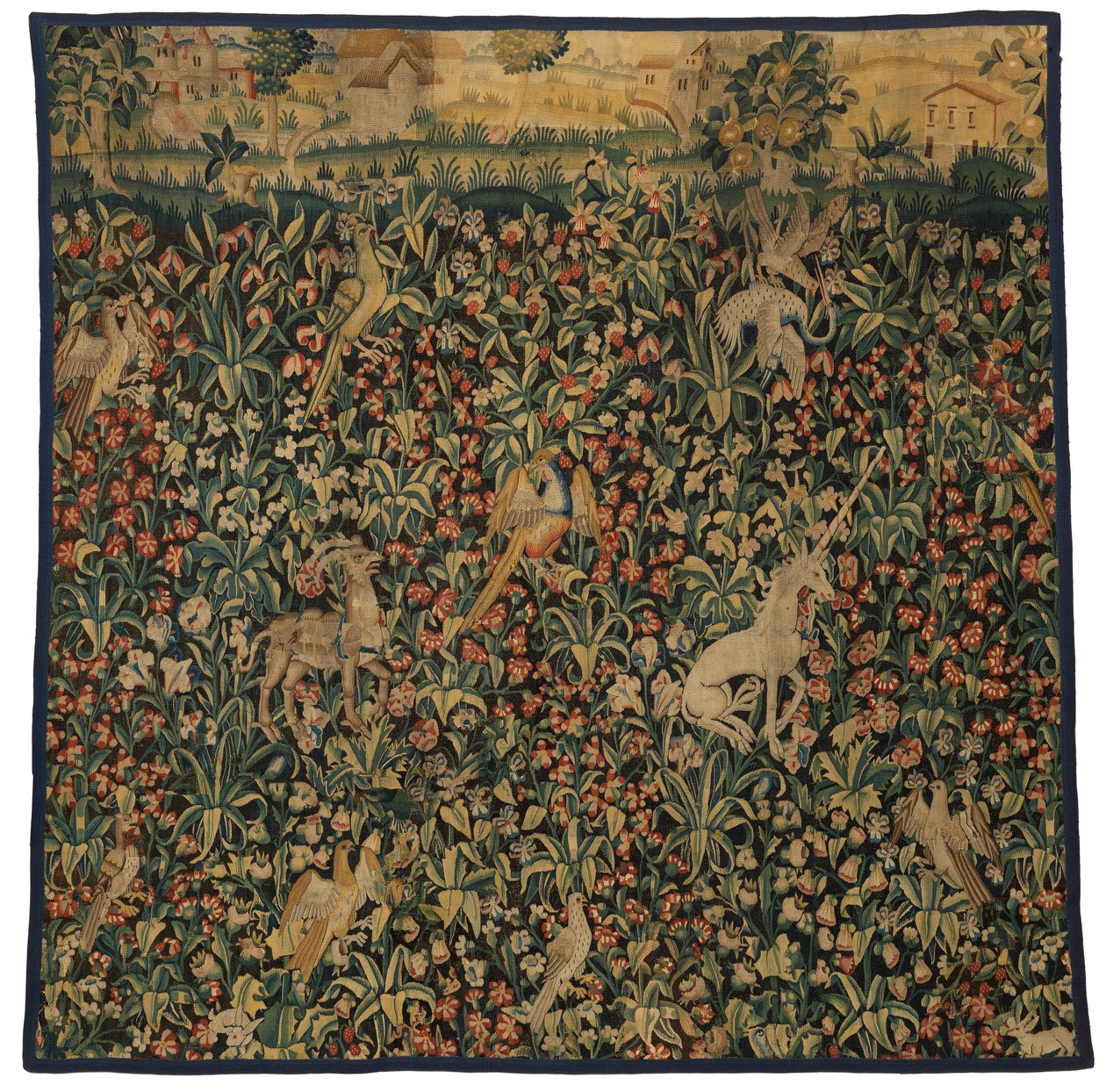 Mille fleurs gobelängfragment föreställande djur, fåglar och landskap, ca 1500 (ull) av European School