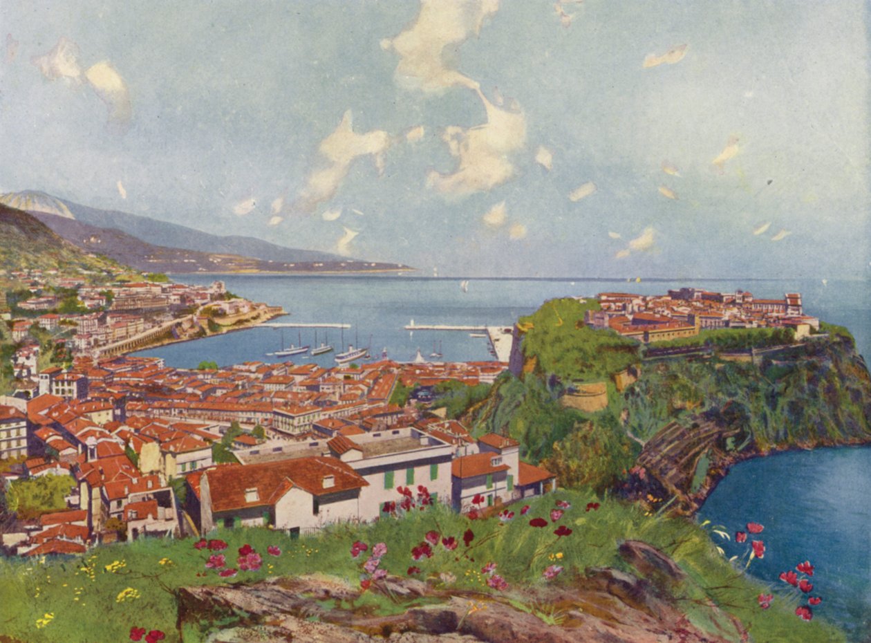 Monaco, The Rock och General View (färglitografi) av European School