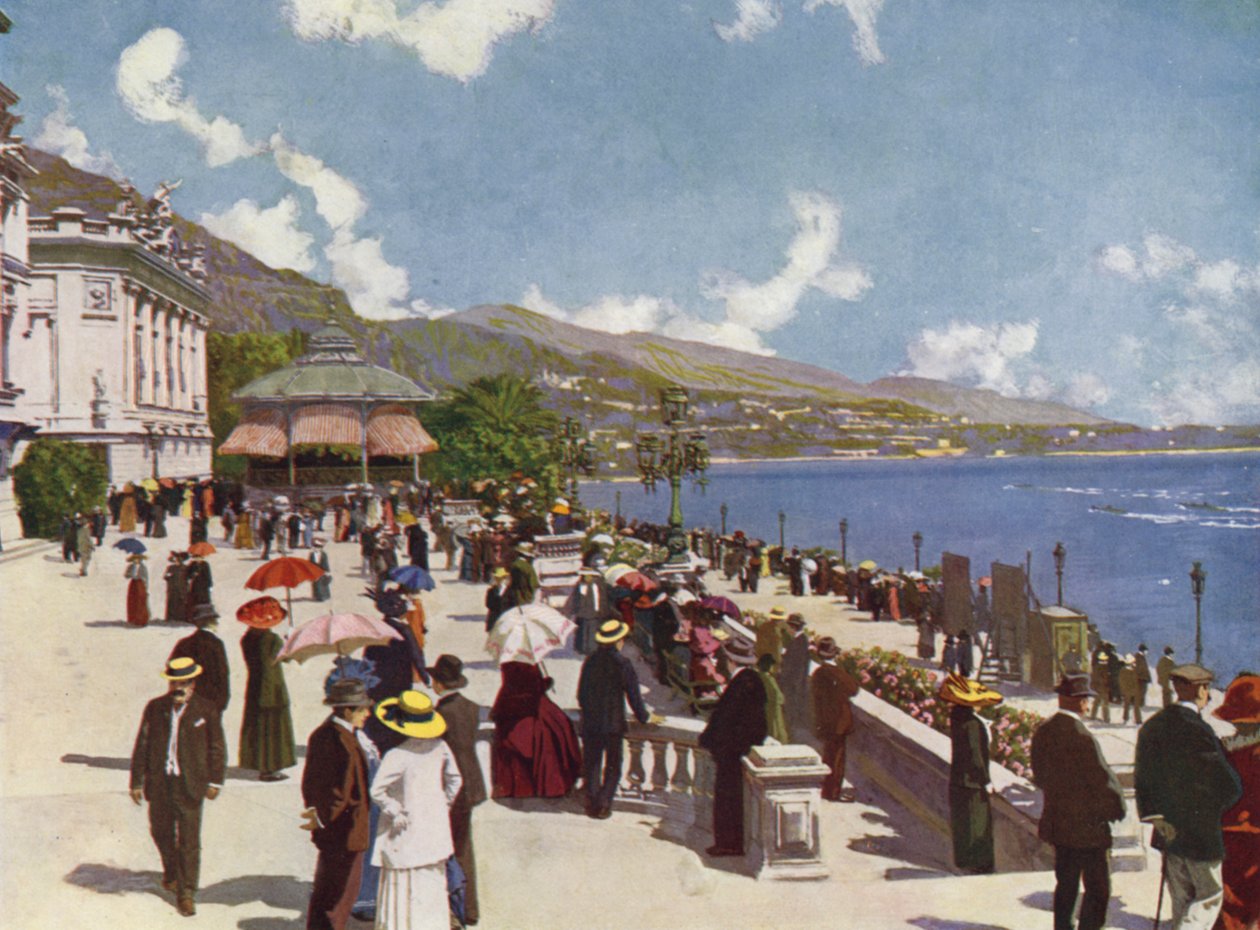 Monte-Carlo, La Terrasse och Kiosque de la Musique (färglitografi) av European School