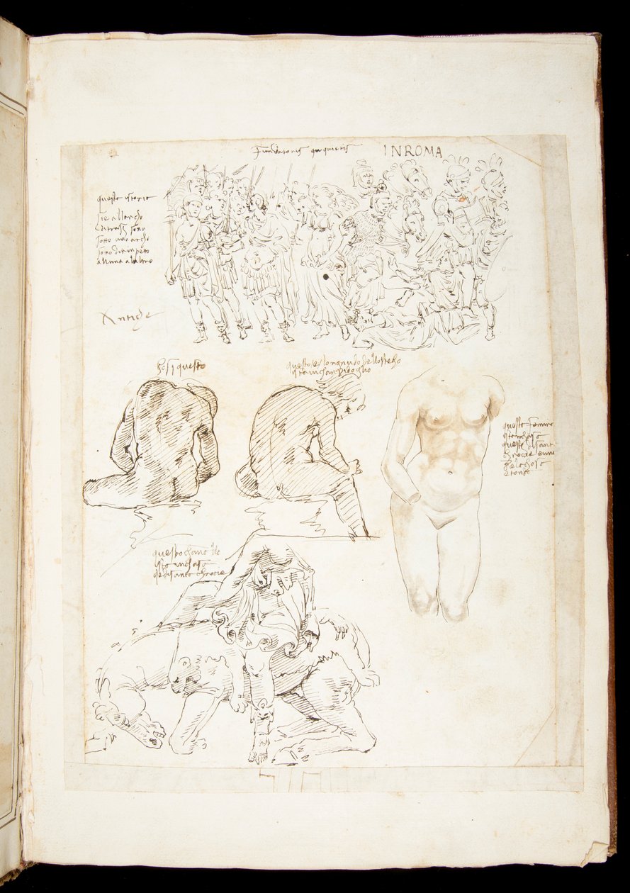 Ms 701 fl.34v, ritning inklusive en vy av Spinario från baksidan, sent 1400-tal (penna och bläck på papper) av European School