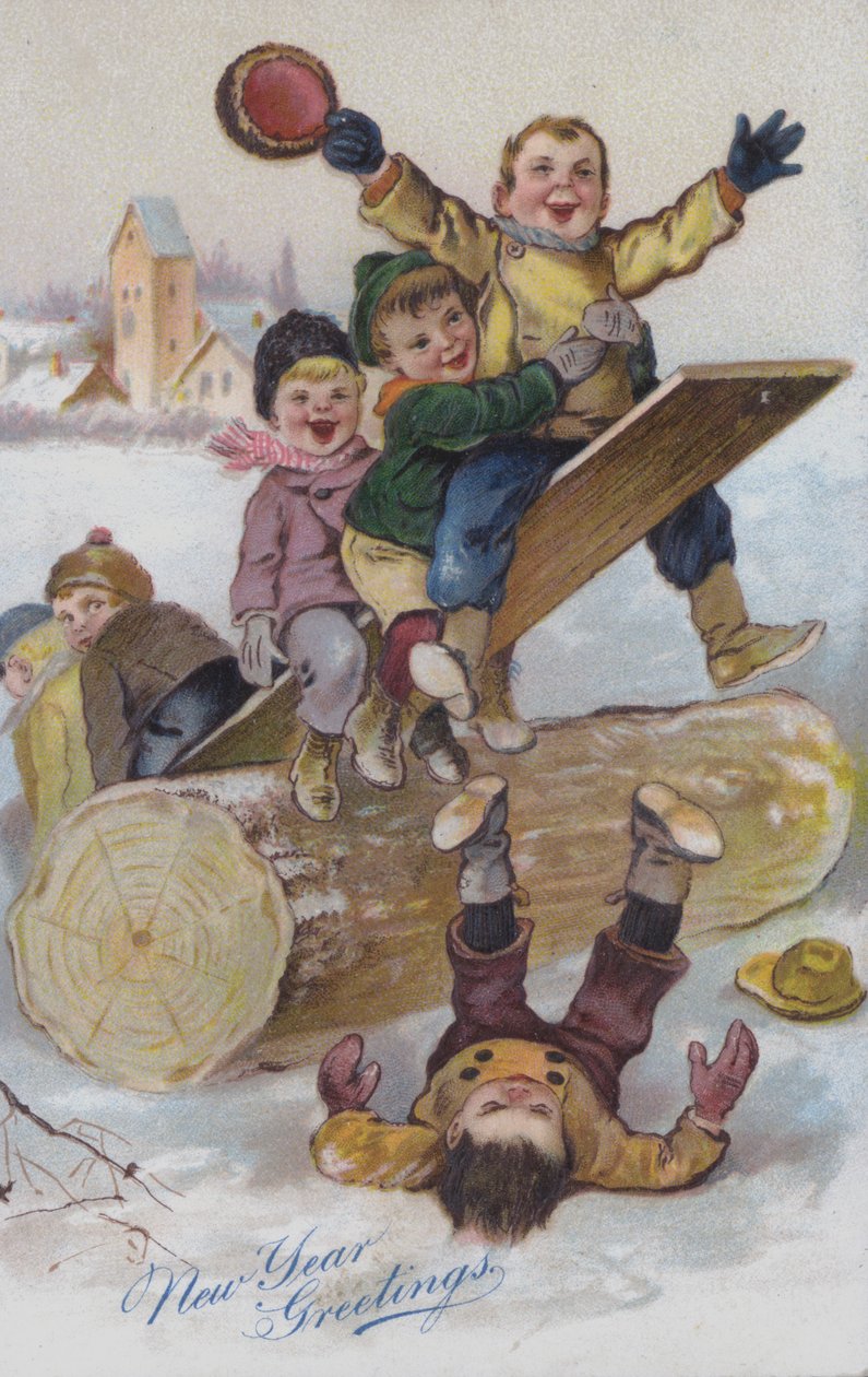 Nyårskort föreställande barn som leker i snön (chromolitho) av European School