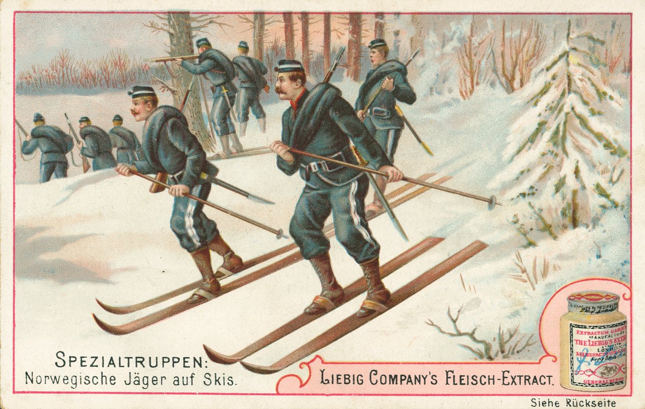 Norge, soldater på skidor, Liebig-kort, början av 1900-talet (chromo) av European School