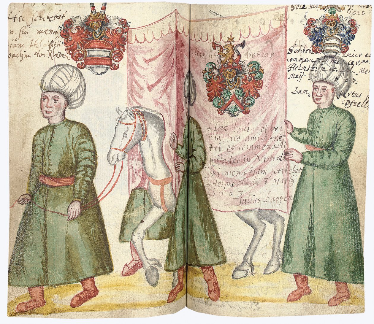 Sidor från albumet Amicorum of Julius Pflug, inklusive turkisk dräkt och vapensköldar, 1600-13 av European School