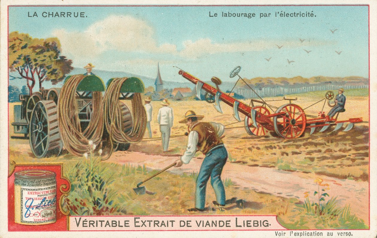 Plöjning med elektricitet, Liebig-kort, början av 1900-talet (chromo) av European School