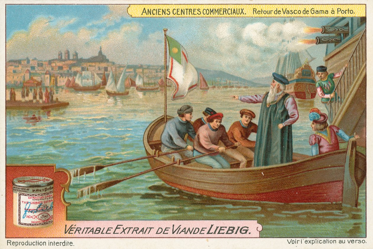 Porto, Vasco da Gamas återkomst, Liebigkort, början av 1900-talet (chromo) av European School