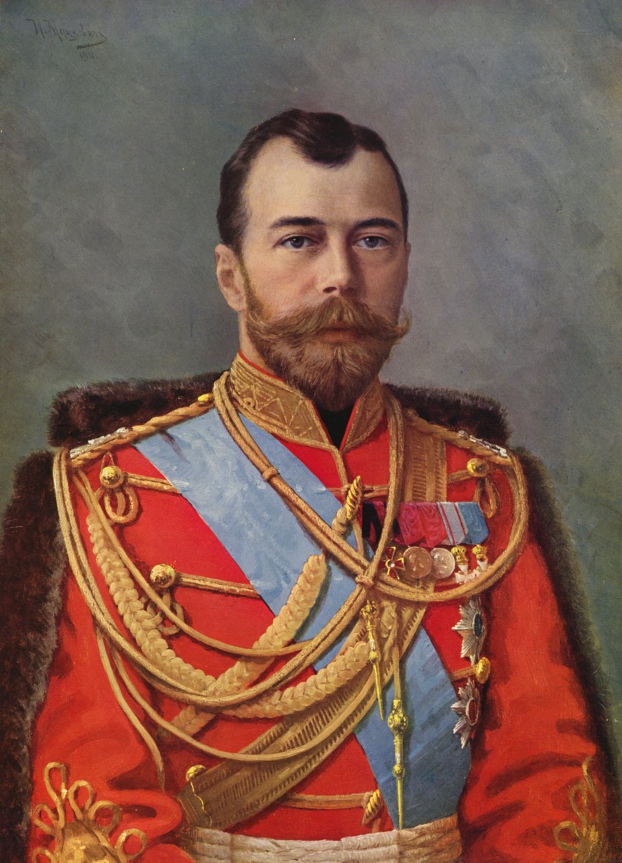Porträtt av tsar Nicolas II (färglitografi) av European School