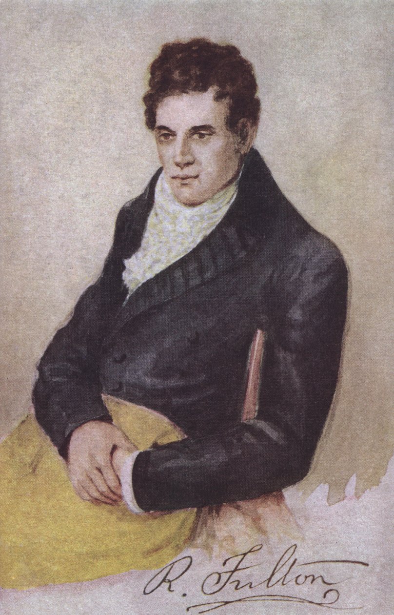 Robert Fulton, amerikansk ingenjör, uppfinnare och ångbåtspionjär (färglitografi) av European School