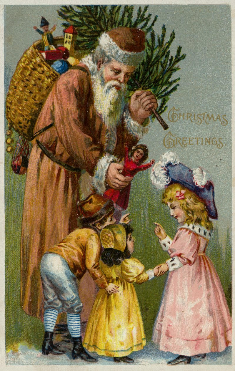 Jultomten ger julklappar och en julgran till barn (färglitografi) av European School