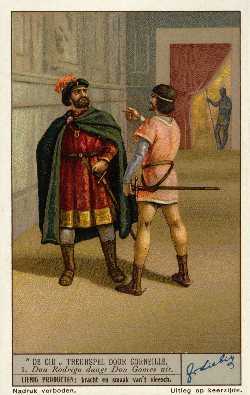 Scen ur den franske dramatikern Paul Corneilles tragedi Le Cid: Don Rodrigue utmanar Don Gomes, far till Chimene (chromolitho) av European School