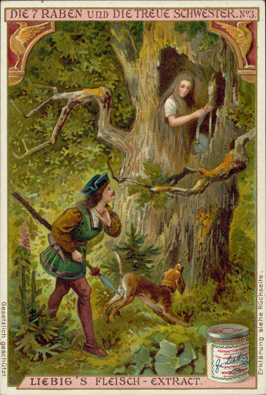Scen ur De sju korparna, bröderna Grimms saga (chromolitho) av European School