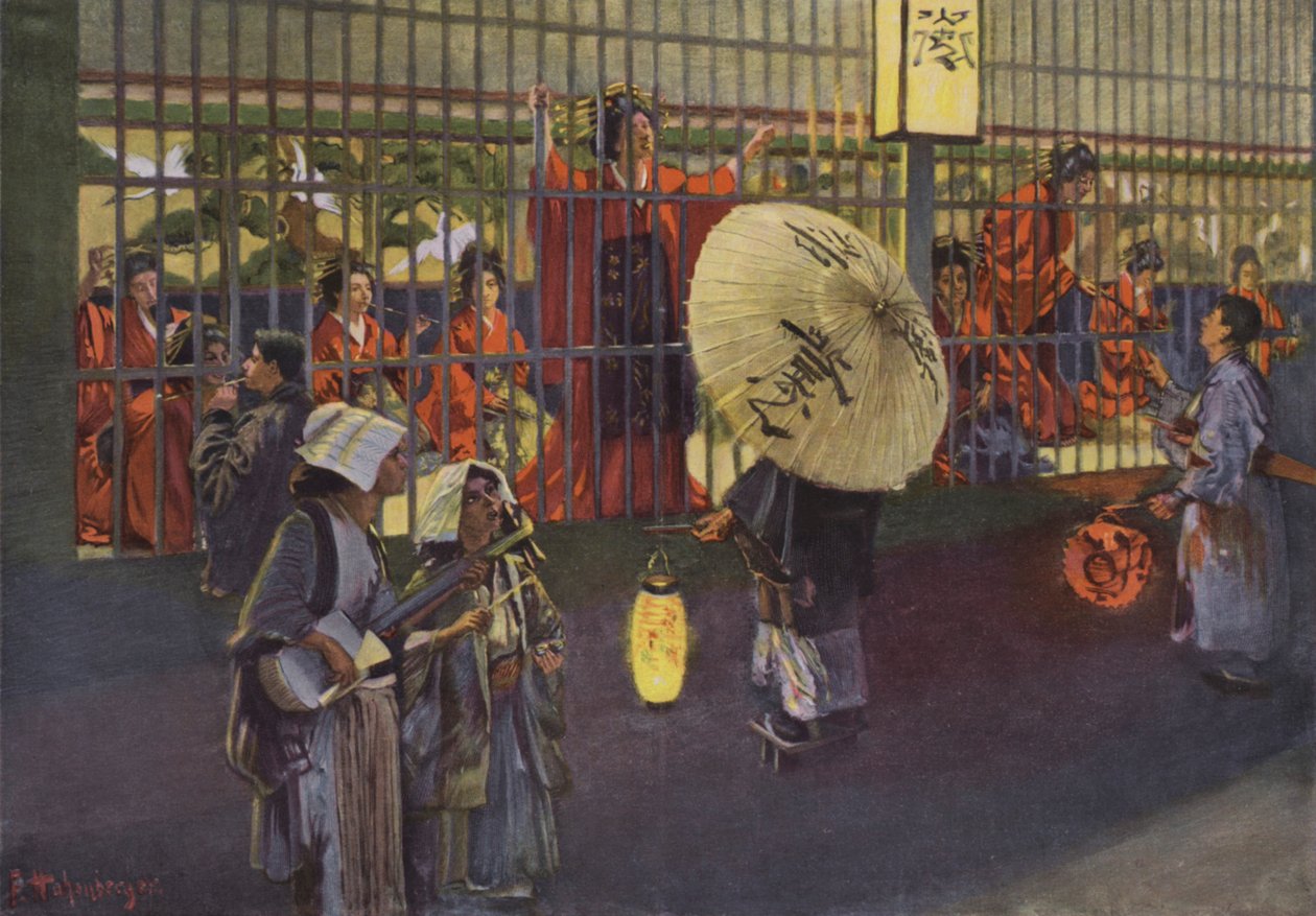 Scen i stadsdelen Yoshiwara i Tokyo, Japan (färglitografi) av European School