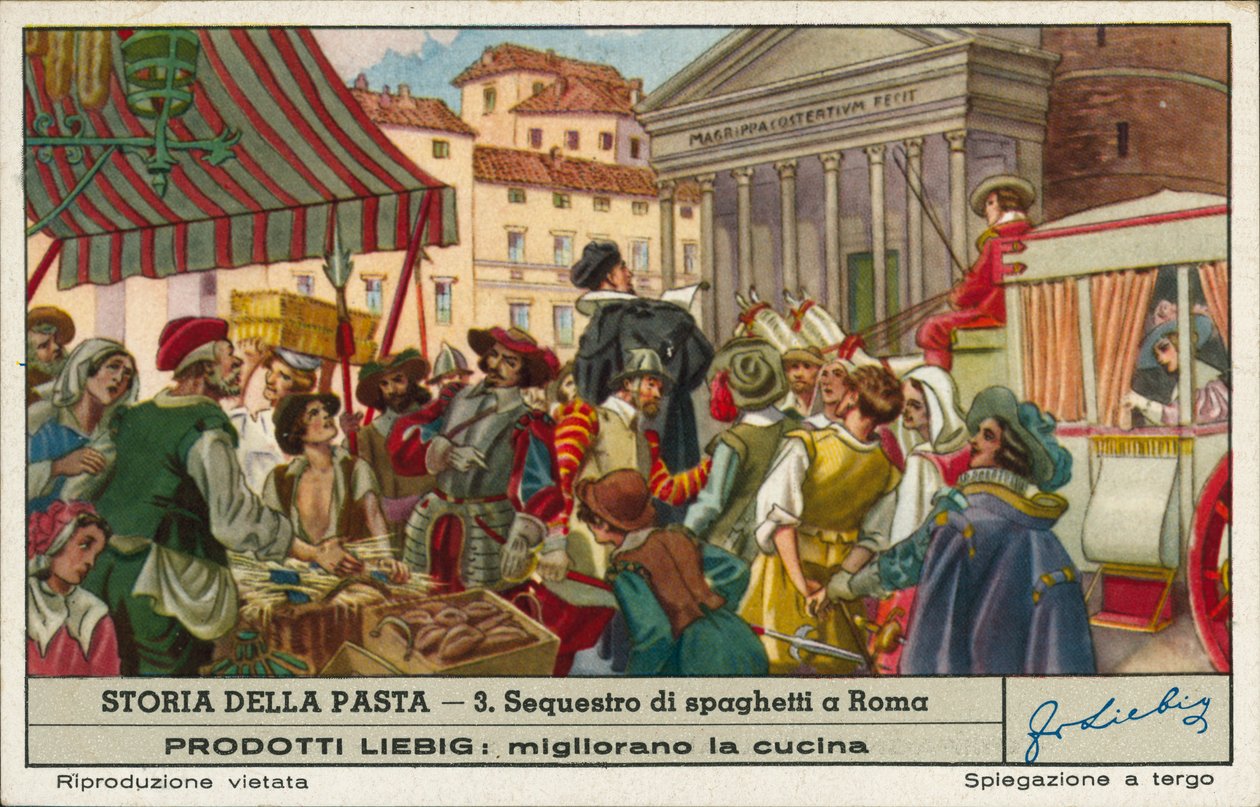 Beslag av olagligt saluförd spaghetti, Rom (chromolitho) av European School